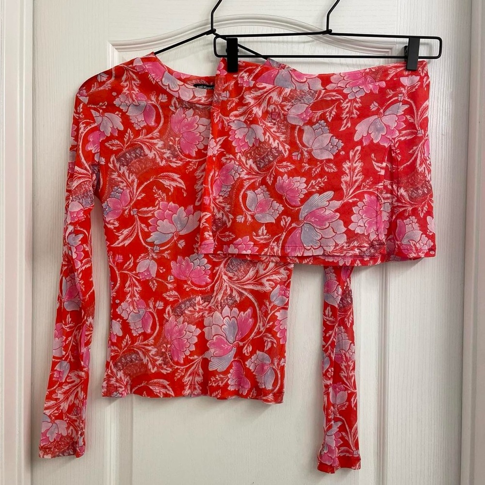 WITH HARPER LU Red Floral Mesh Top Skirt Set